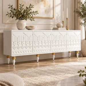 Liora Carve white TV unit with four patterned doors and gold-tone leg accents