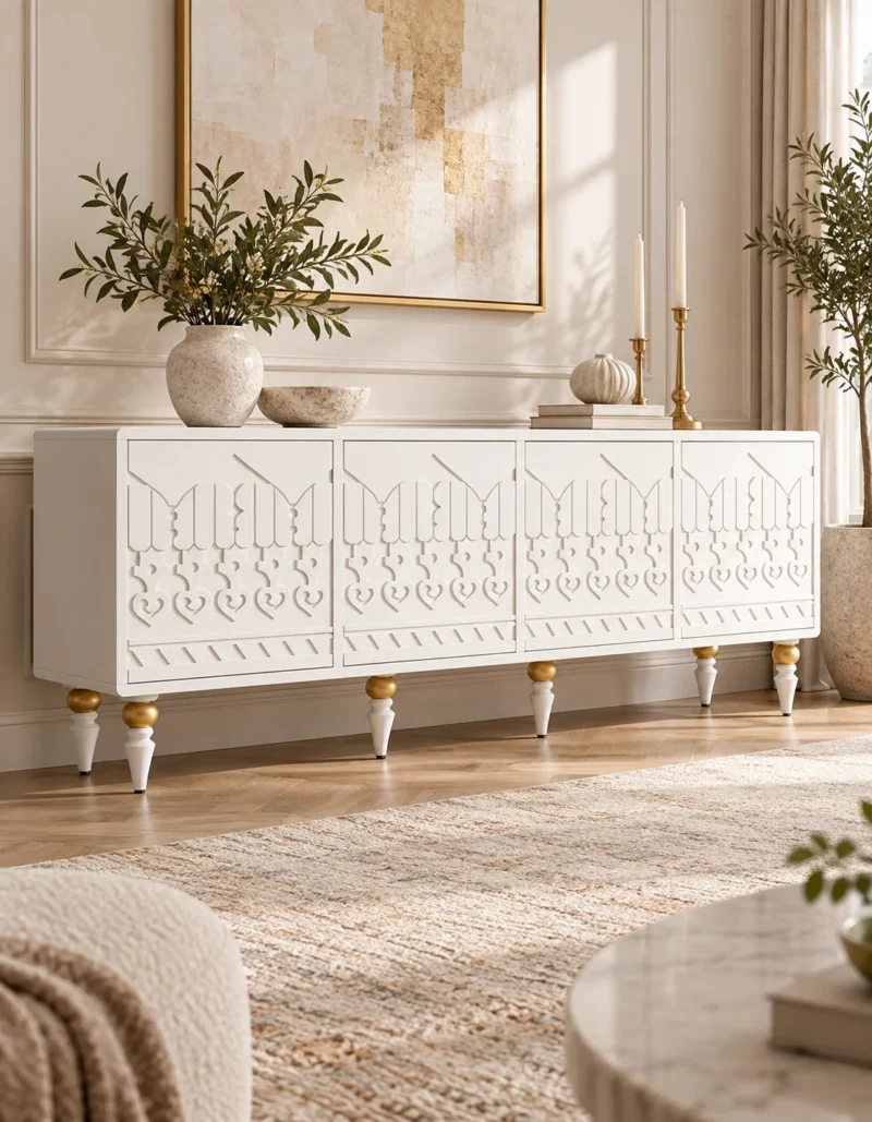 Liora Carve white TV unit with four patterned doors and gold-tone leg accents