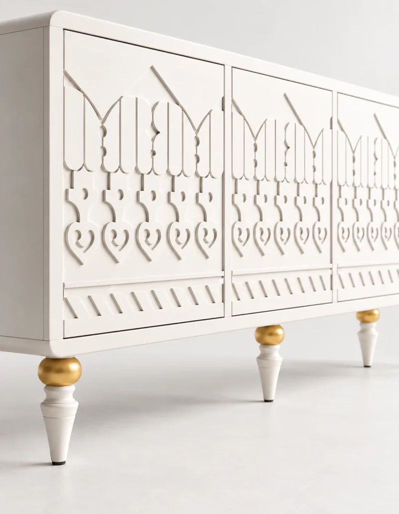 Liora Carve white TV unit with four patterned doors and gold-tone leg accents