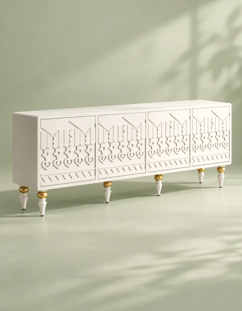 Liora Carve white TV unit with four patterned doors and gold-tone leg accents
