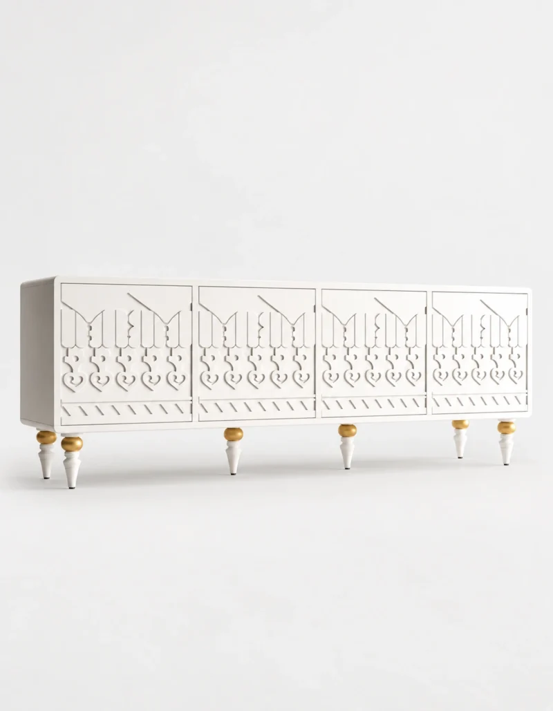 Liora Carve white TV unit with four patterned doors and gold-tone leg accents