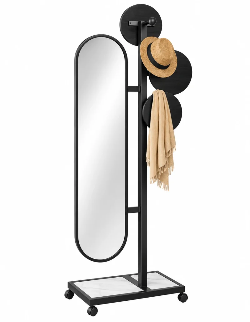 Movara mobile standing mirror with clothes hanger and black stainless steel frame