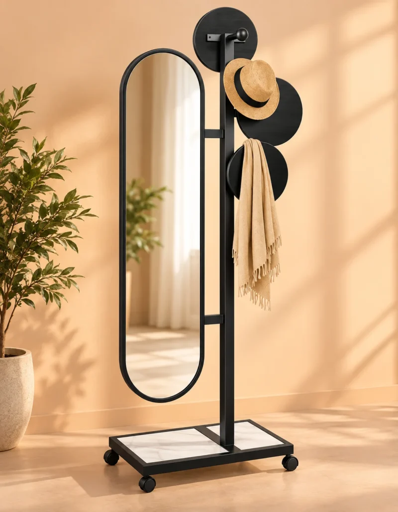 Movara mobile standing mirror with clothes hanger and black stainless steel frame