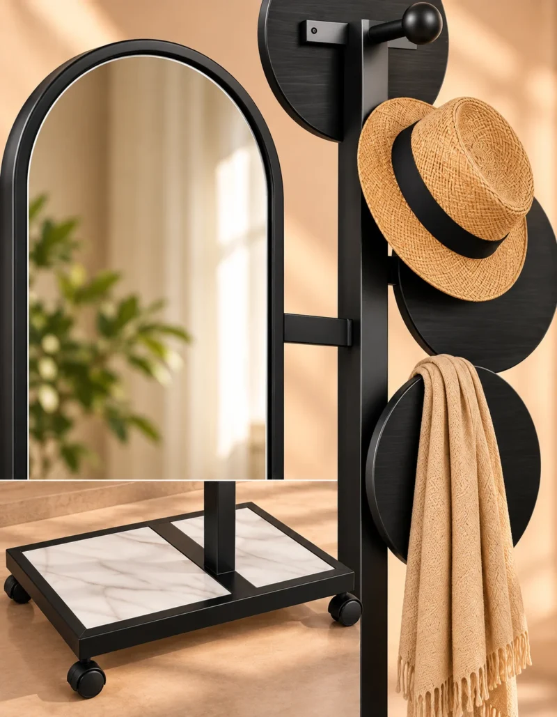 Movara mobile standing mirror with clothes hanger and black stainless steel frame
