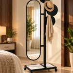 Movara mobile standing mirror with clothes hanger and black stainless steel frame
