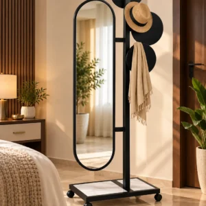Movara mobile standing mirror with clothes hanger and black stainless steel frame