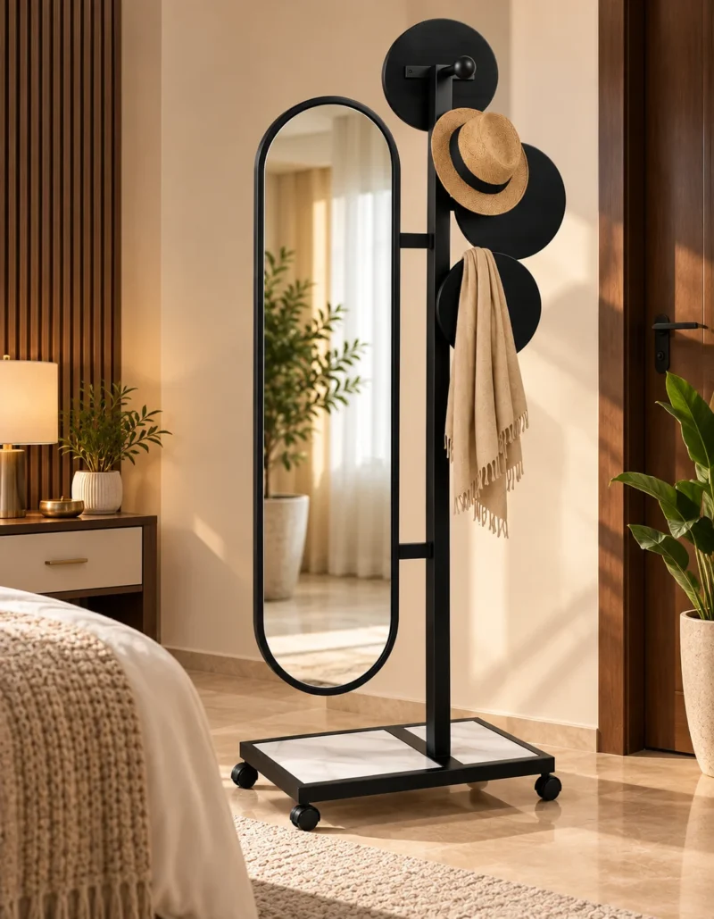Movara mobile standing mirror with clothes hanger and black stainless steel frame