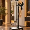 Movara mobile standing mirror with clothes hanger and black stainless steel frame
