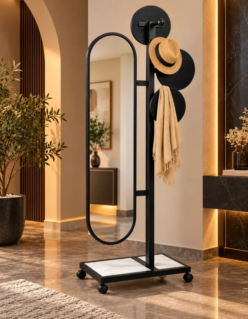 Movara mobile standing mirror with clothes hanger and black stainless steel frame