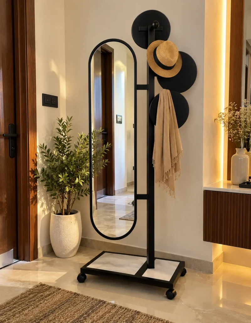 Movara mobile standing mirror with clothes hanger and black stainless steel frame