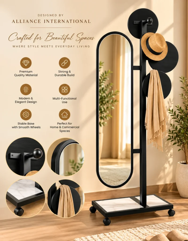 Movara mobile standing mirror with clothes hanger and black stainless steel frame