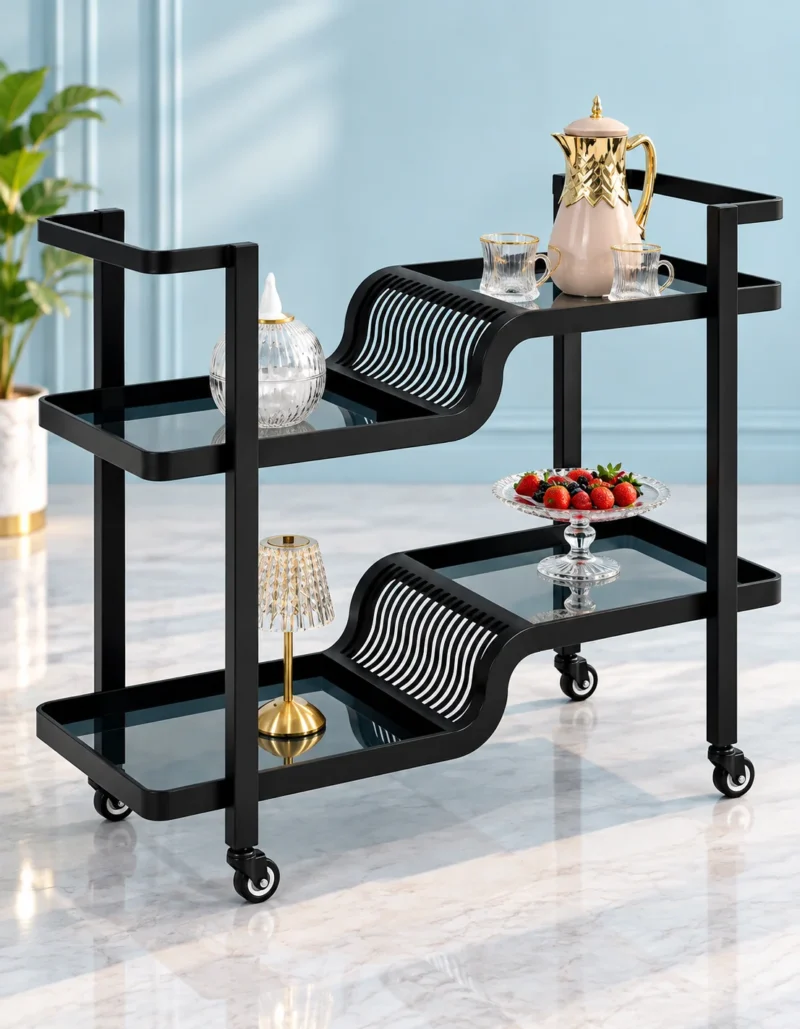 Nero Wave split level serving trolley with black frame and wave detailing