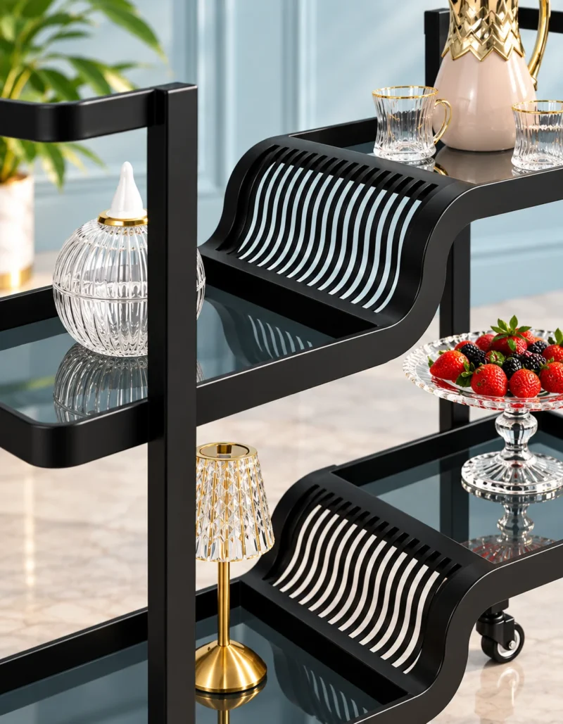 Nero Wave split level serving trolley with black frame and wave detailing