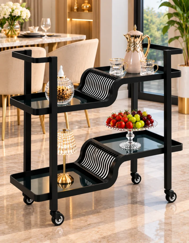 Nero Wave split level serving trolley with black frame and wave detailing
