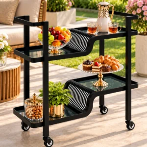 Nero Wave split level serving trolley with black frame and wave detailing