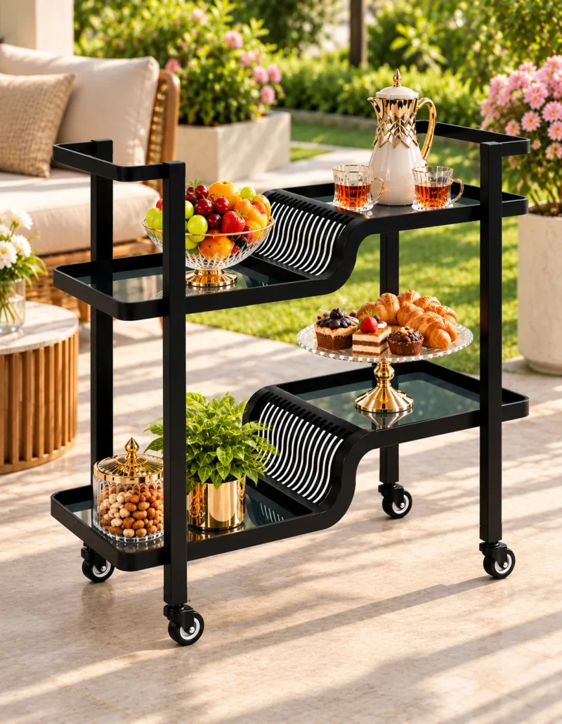 Nero Wave split level serving trolley with black frame and wave detailing