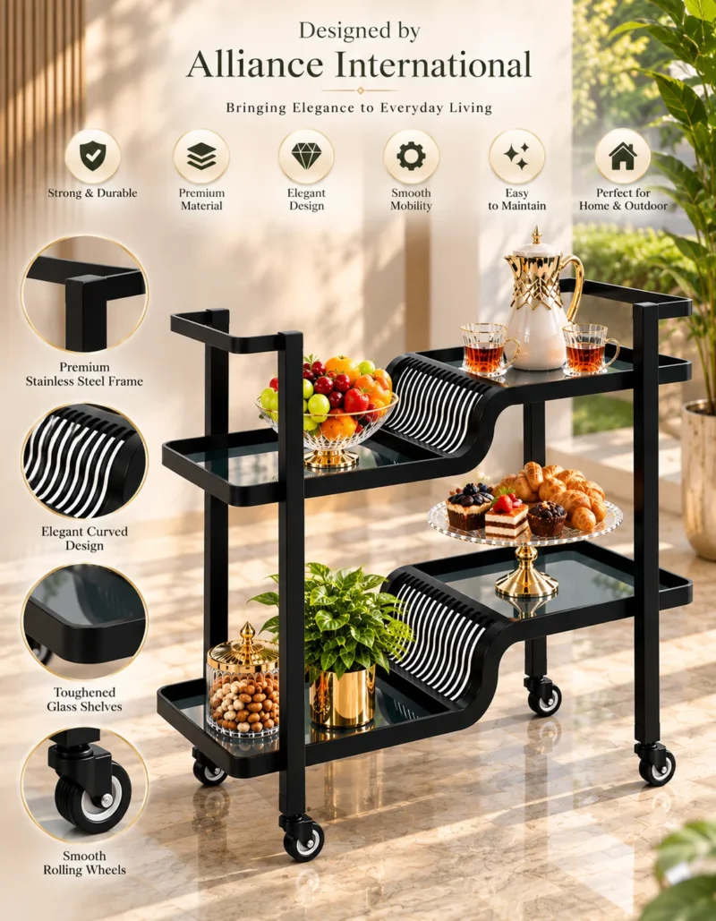 Nero Wave split level serving trolley with black frame and wave detailing