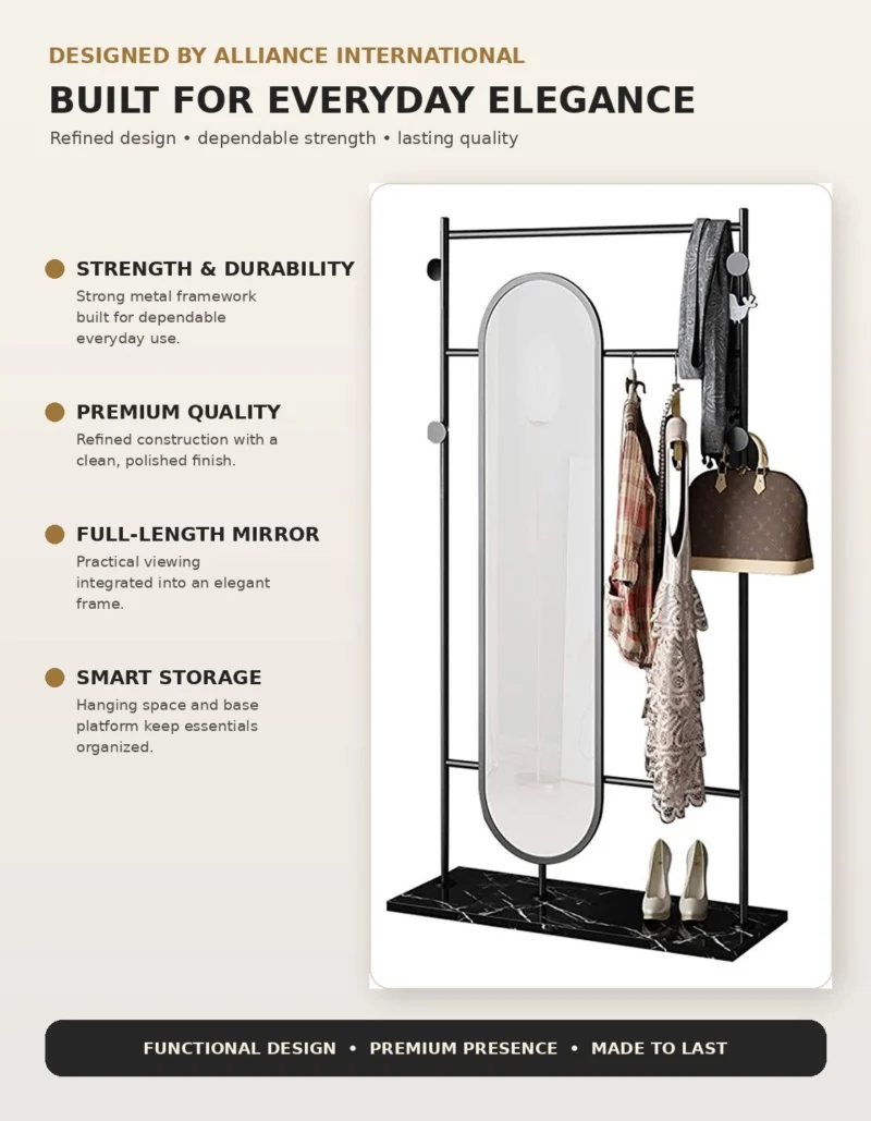 Noirva full length mirror with garment rack and black stainless steel frame