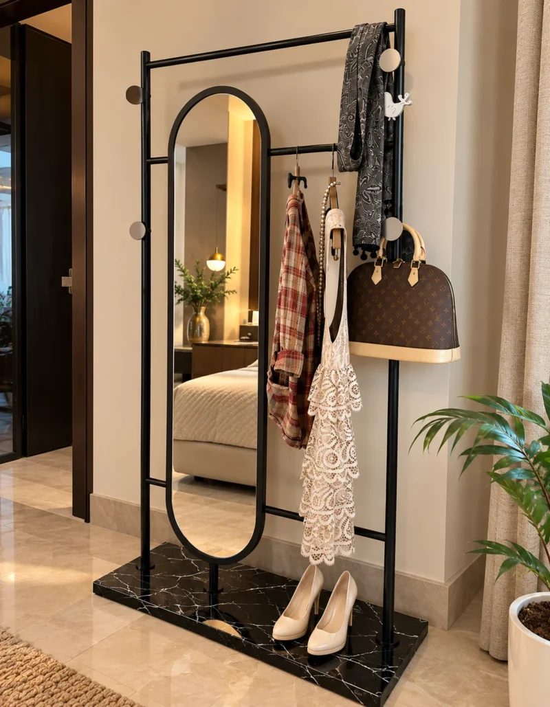 Noirva full length mirror with garment rack and black stainless steel frame