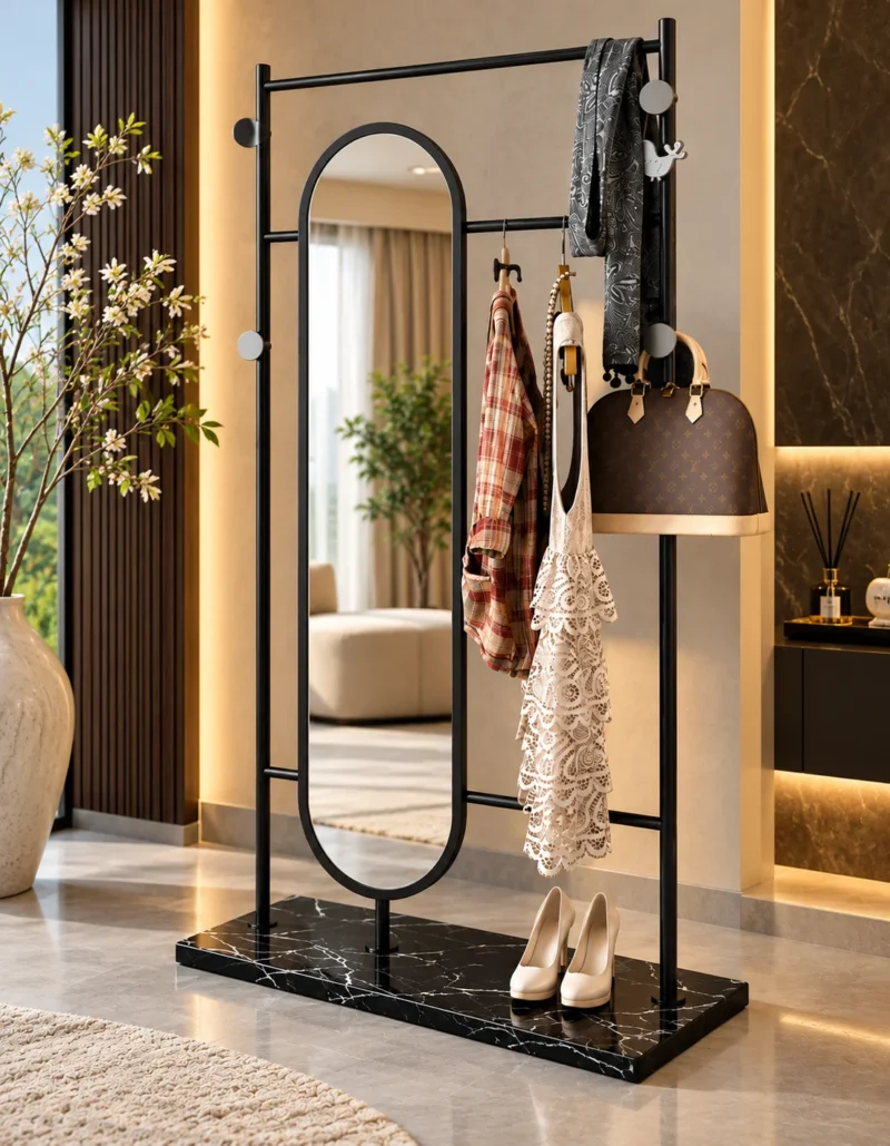 Noirva full length mirror with garment rack and black stainless steel frame