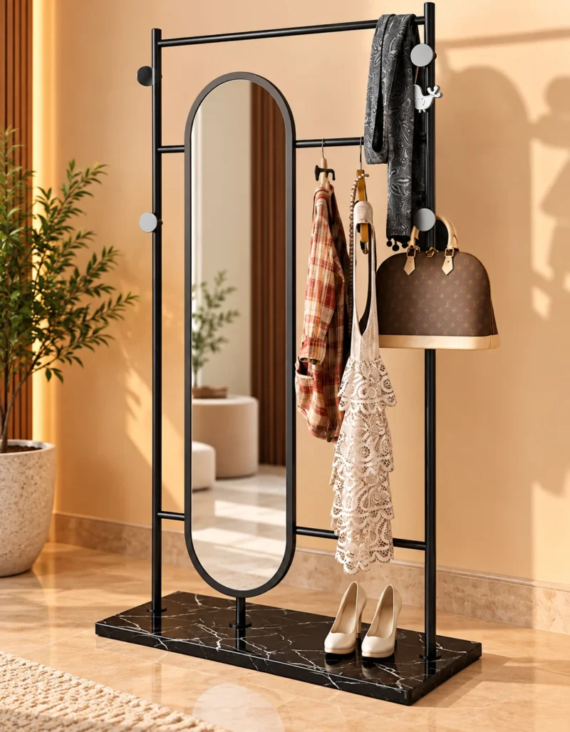 Noirva full length mirror with garment rack and black stainless steel frame
