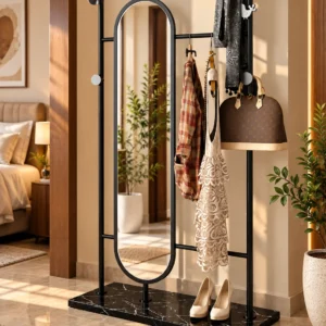 Noirva full length mirror with garment rack and black stainless steel frame