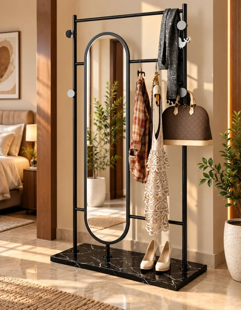 Noirva full length mirror with garment rack and black stainless steel frame