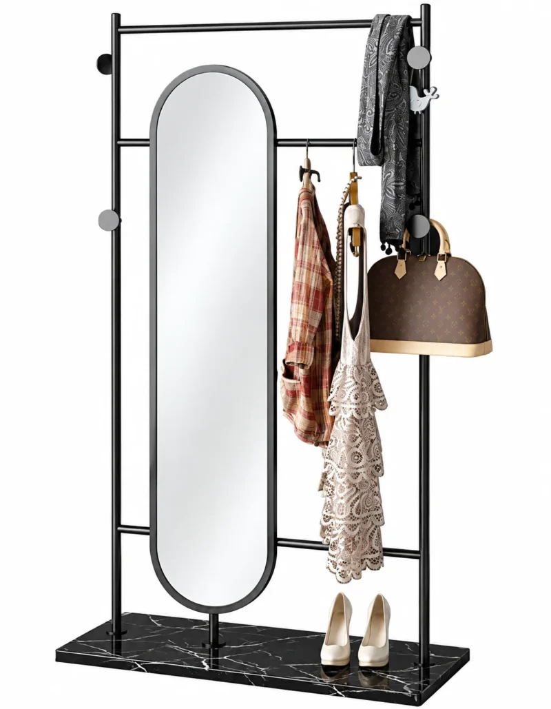 Noirva full length mirror with garment rack and black stainless steel frame