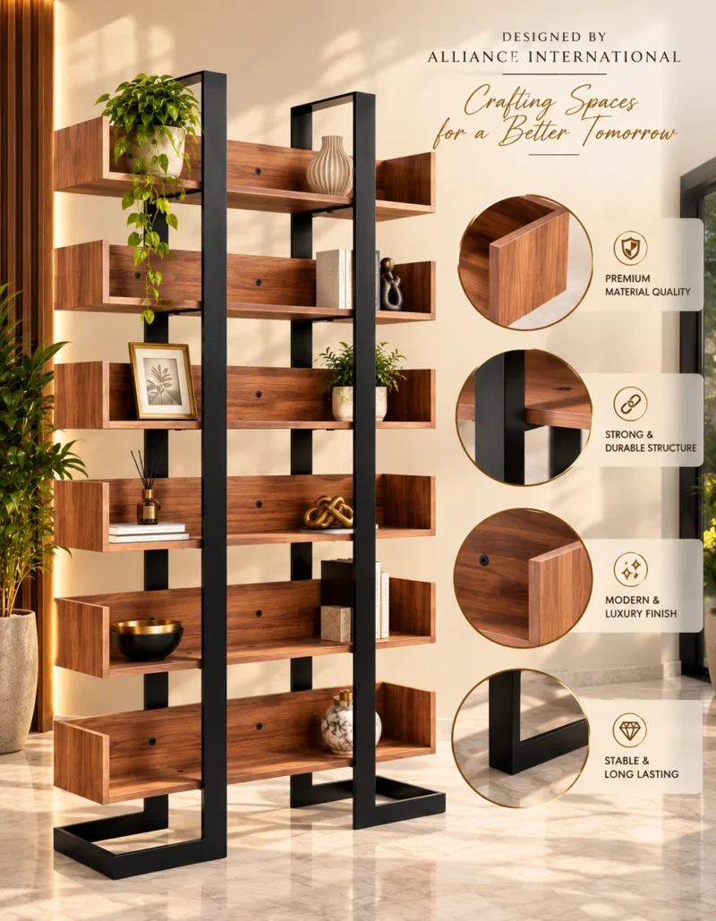 Norvia Luxe 6 tier retail display rack with wooden-look shelves and black frame