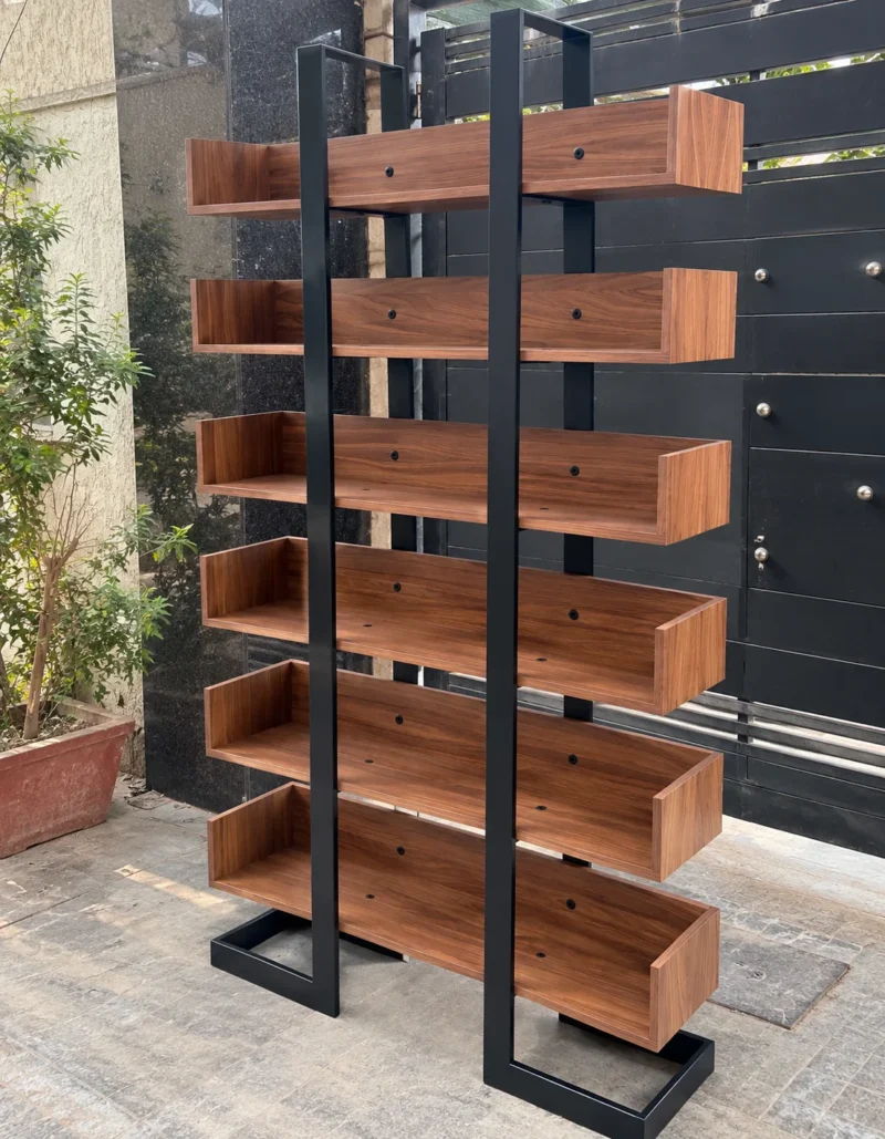 Norvia Luxe 6 tier retail display rack with wooden-look shelves and black frame