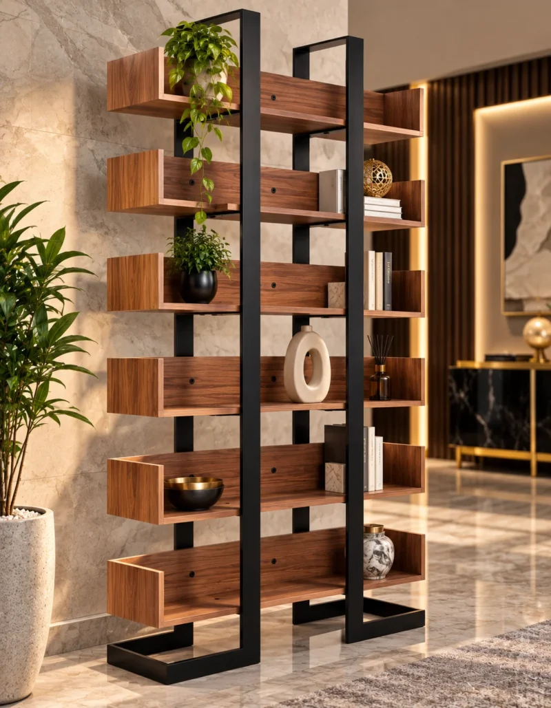 Norvia Luxe 6 tier retail display rack with wooden-look shelves and black frame