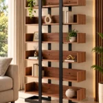 Norvia Luxe 6 tier retail display rack with wooden-look shelves and black frame
