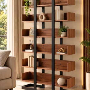 Norvia Luxe 6 tier retail display rack with wooden-look shelves and black frame