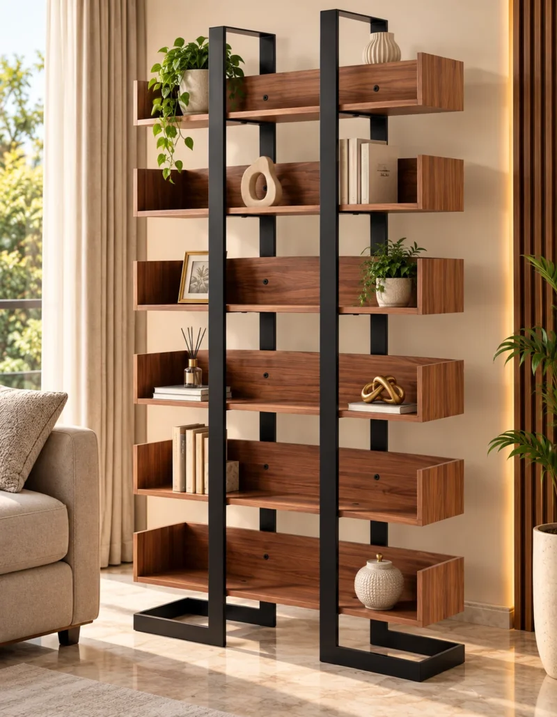 Norvia Luxe 6 tier retail display rack with wooden-look shelves and black frame