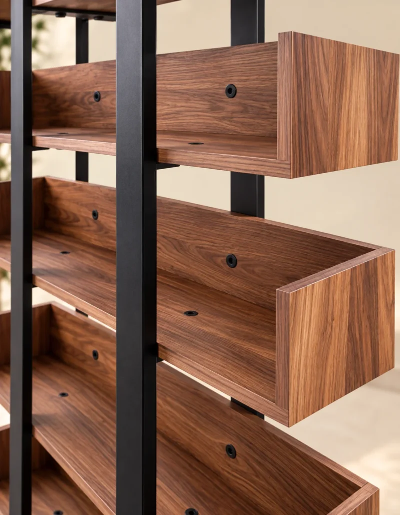 Norvia Luxe 6 tier retail display rack with wooden-look shelves and black frame