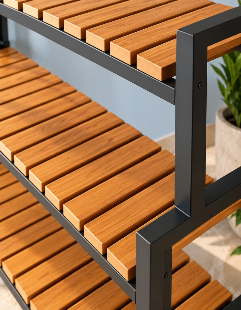 Norvik 4 tier rolling shoe rack with wooden-look slatted shelves and caster wheels
