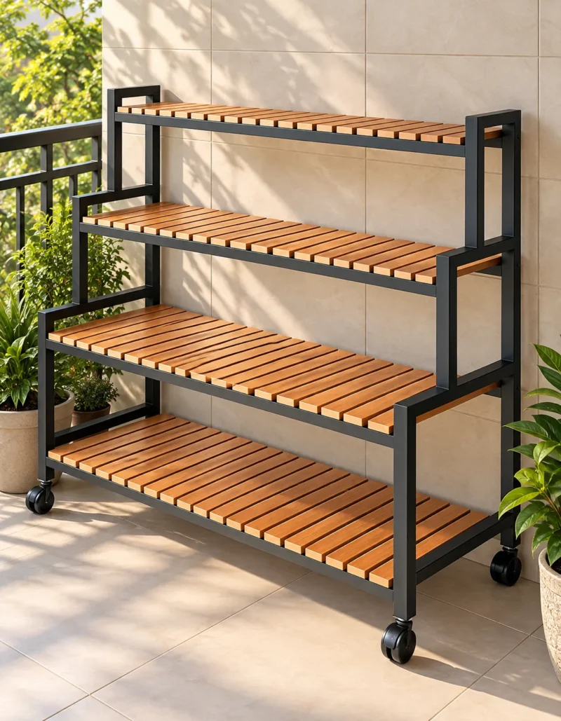 Norvik 4 tier rolling shoe rack with wooden-look slatted shelves and caster wheels