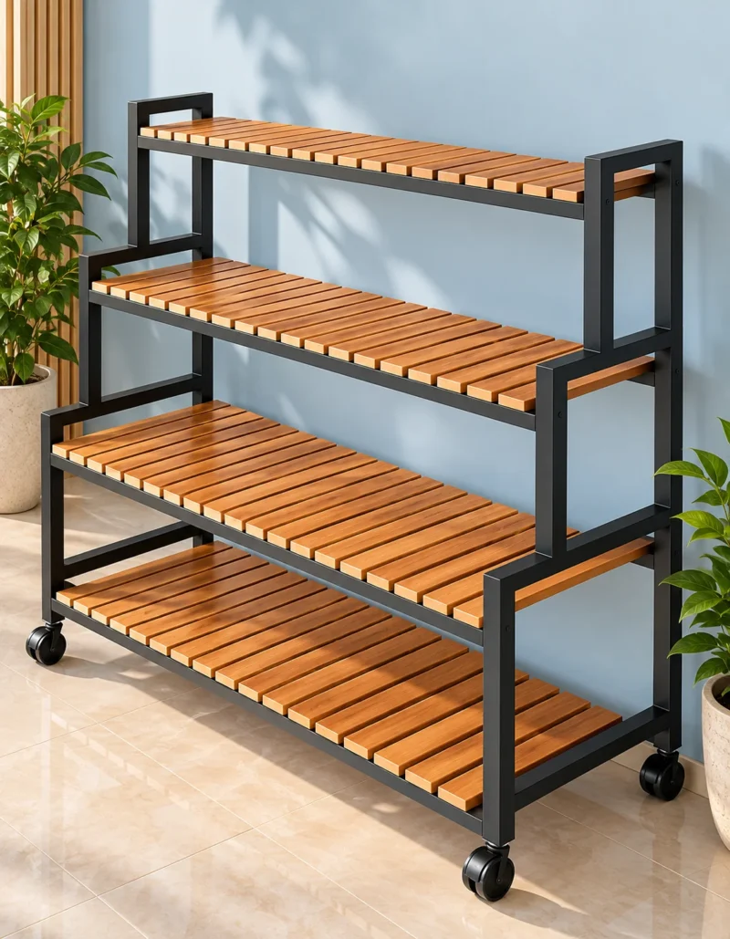 Norvik 4 tier rolling shoe rack with wooden-look slatted shelves and caster wheels
