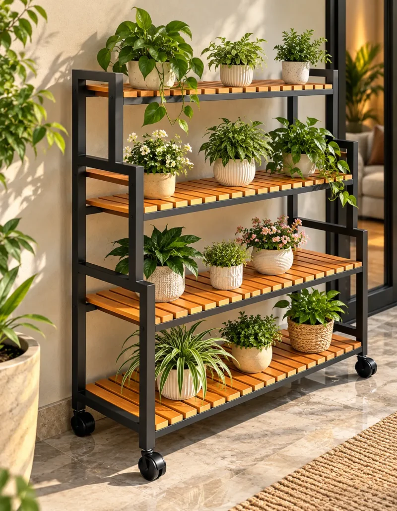 Norvik 4 tier rolling shoe rack with wooden-look slatted shelves and caster wheels