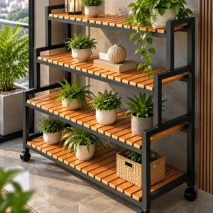 Norvik 4 tier rolling shoe rack with wooden-look slatted shelves and caster wheels