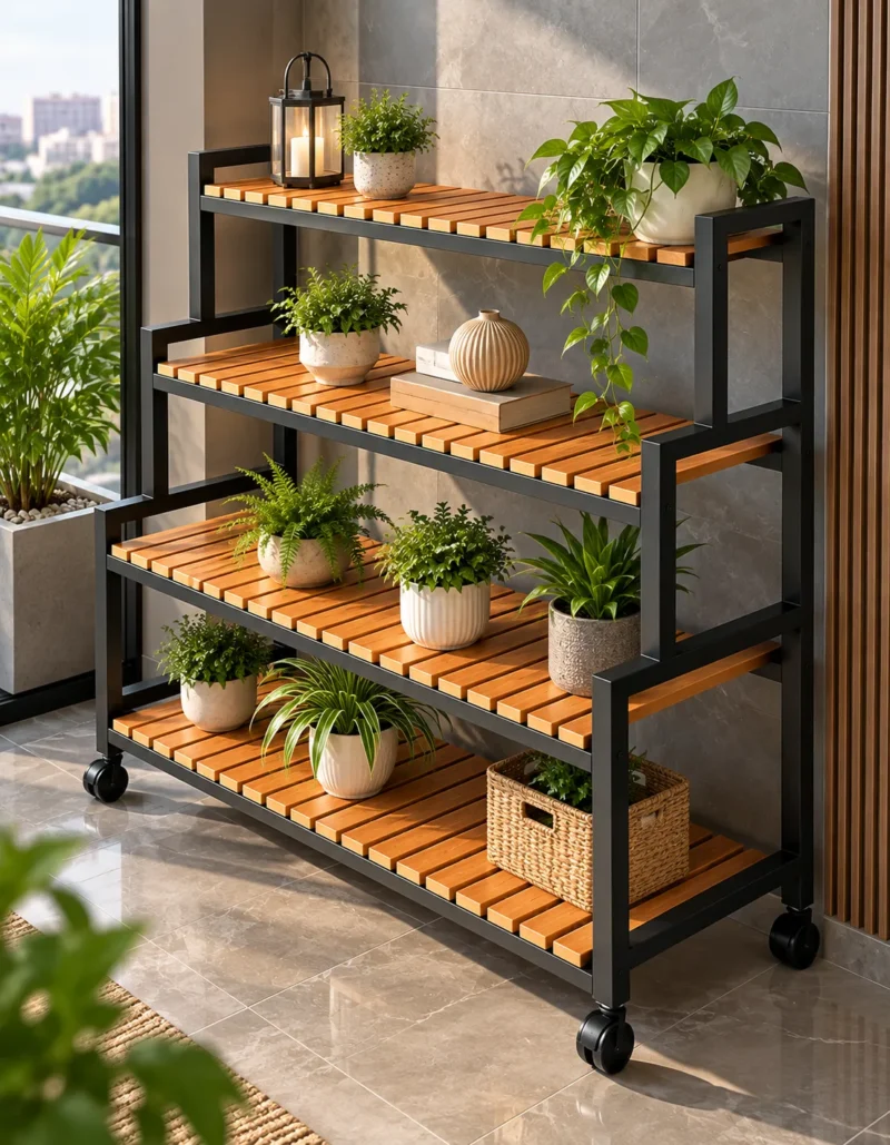 Norvik 4 tier rolling shoe rack with wooden-look slatted shelves and caster wheels