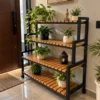Norvik 4 tier rolling shoe rack with wooden-look slatted shelves and caster wheels