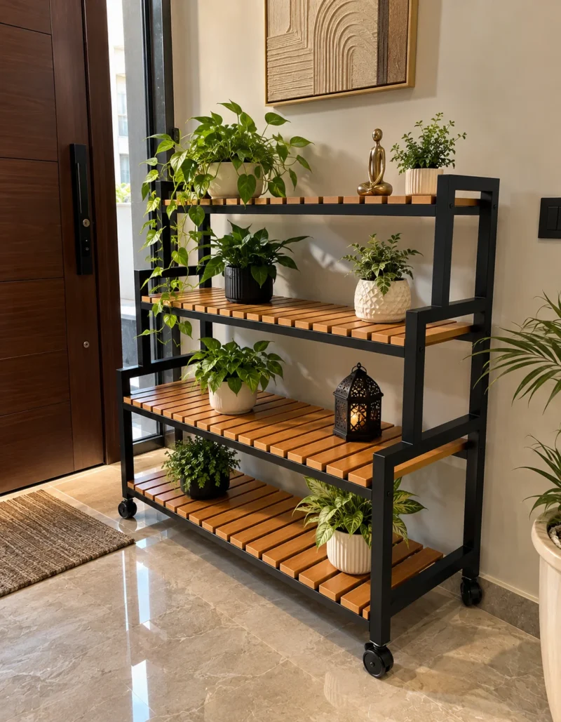 Norvik 4 tier rolling shoe rack with wooden-look slatted shelves and caster wheels