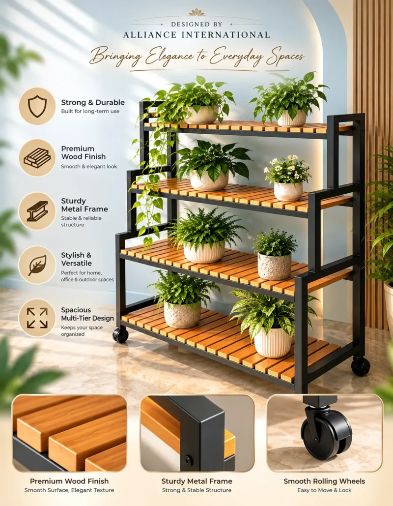 Norvik 4 tier rolling shoe rack with wooden-look slatted shelves and caster wheels