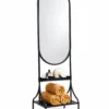 Onyx Arc black standing mirror with storage shelves and stainless steel frame