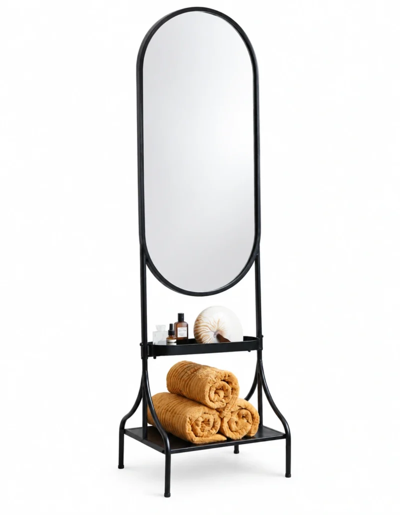 Onyx Arc black standing mirror with storage shelves and stainless steel frame
