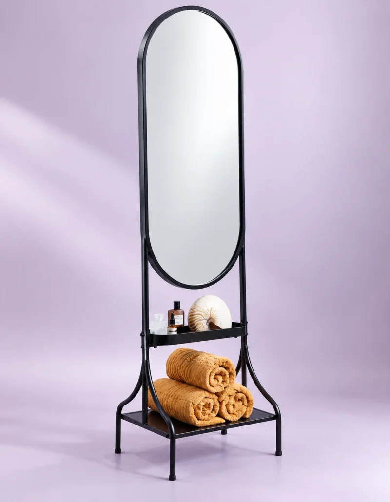 Onyx Arc black standing mirror with storage shelves and stainless steel frame