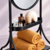 Onyx Arc black standing mirror with storage shelves and stainless steel frame