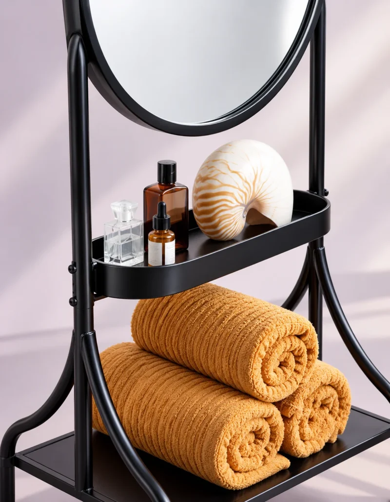 Onyx Arc black standing mirror with storage shelves and stainless steel frame