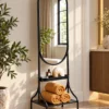 Onyx Arc black standing mirror with storage shelves and stainless steel frame